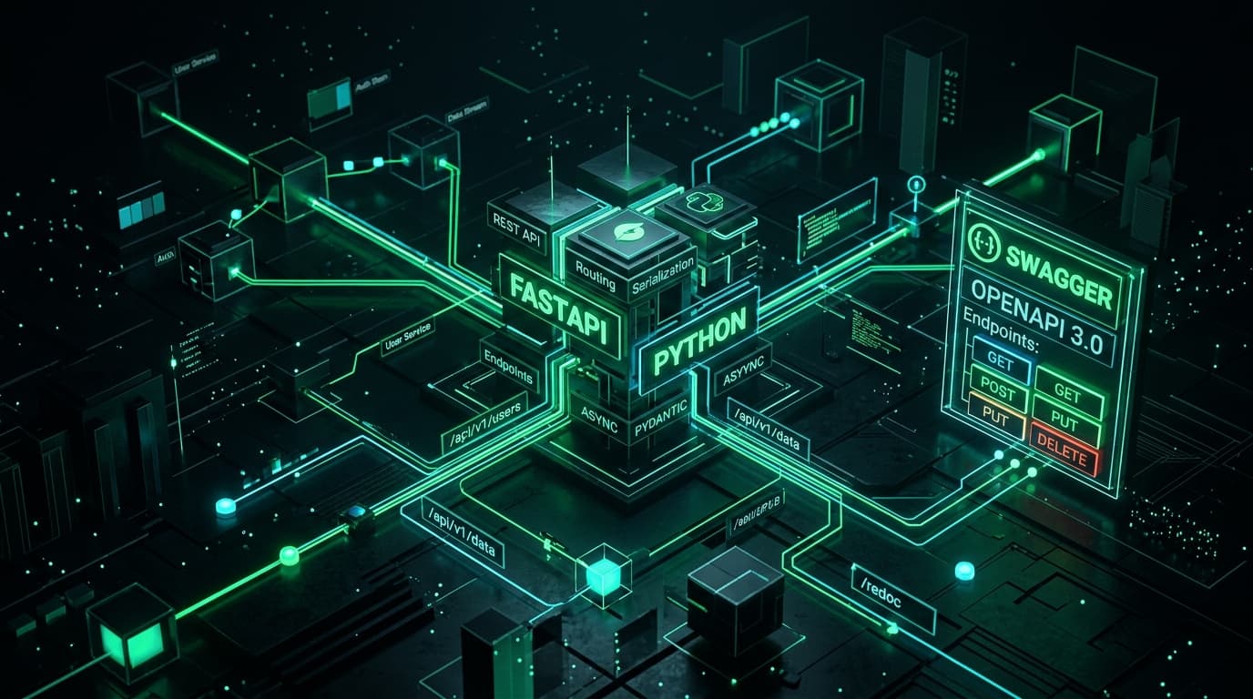 3D visualization of Python FastAPI REST API architecture with OpenAPI endpoints and Pydantic validation