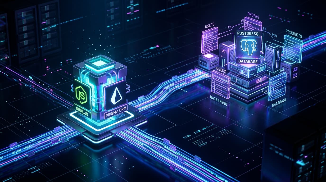 3D visualization of Node.js connecting to PostgreSQL database via Prisma ORM and connection pooling