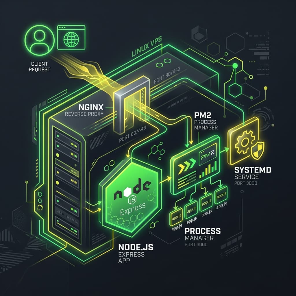 3D visualization of Docker containerizing a Node.js and Express application with multi-stage builds and security layers