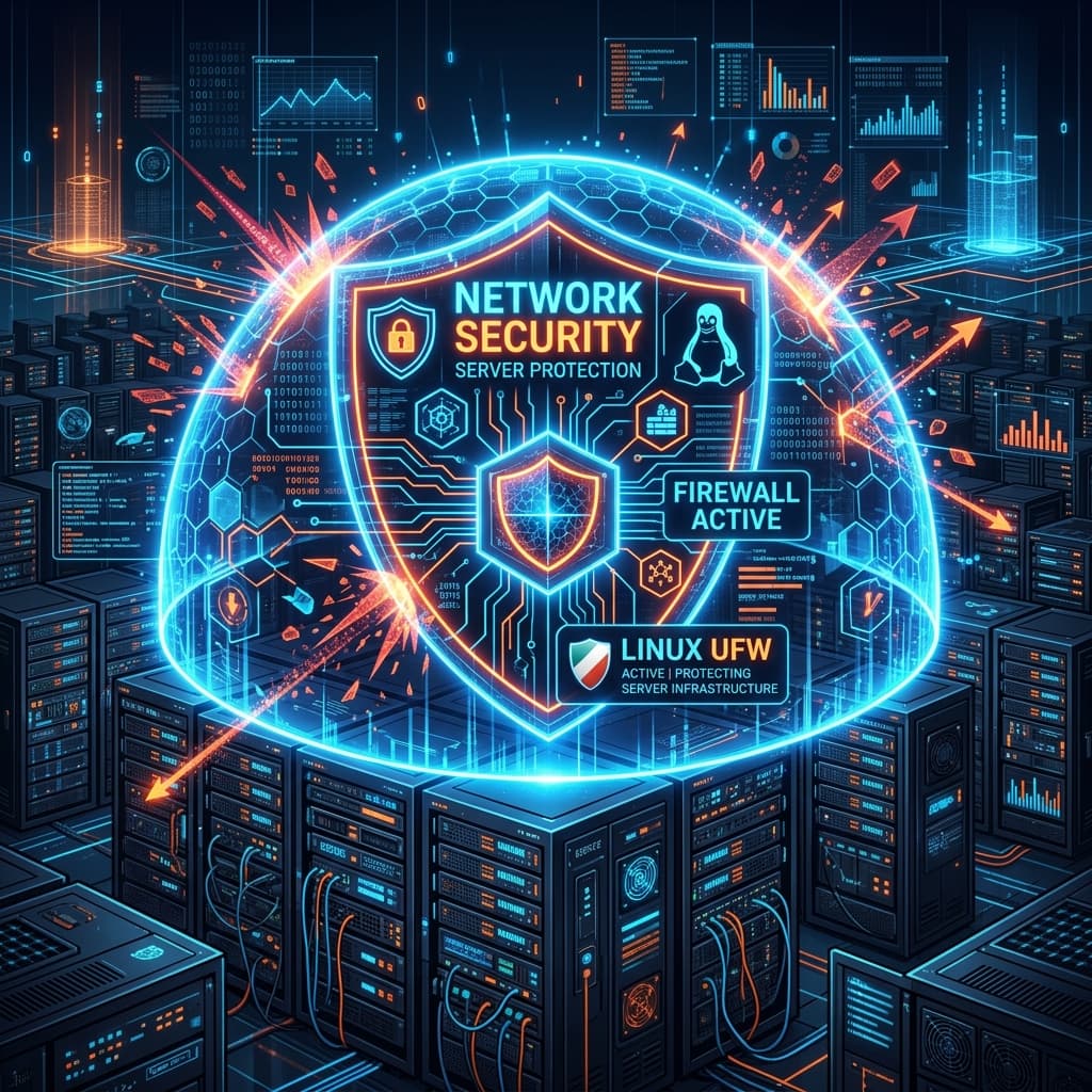 Digital shield protecting a server data center, representing UFW Linux firewall
