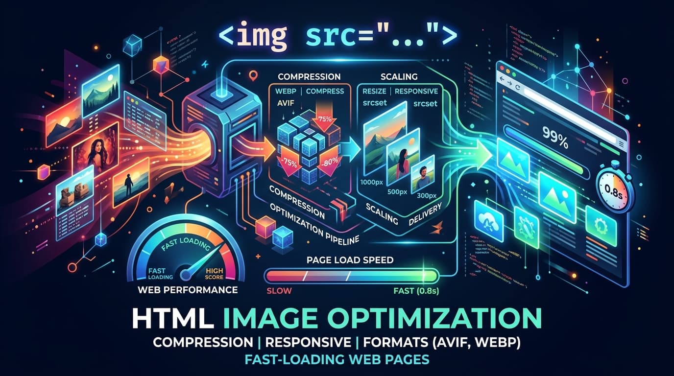 Abstract representation of HTML Image Optimization pipeline showing formats like AVIF and WebP