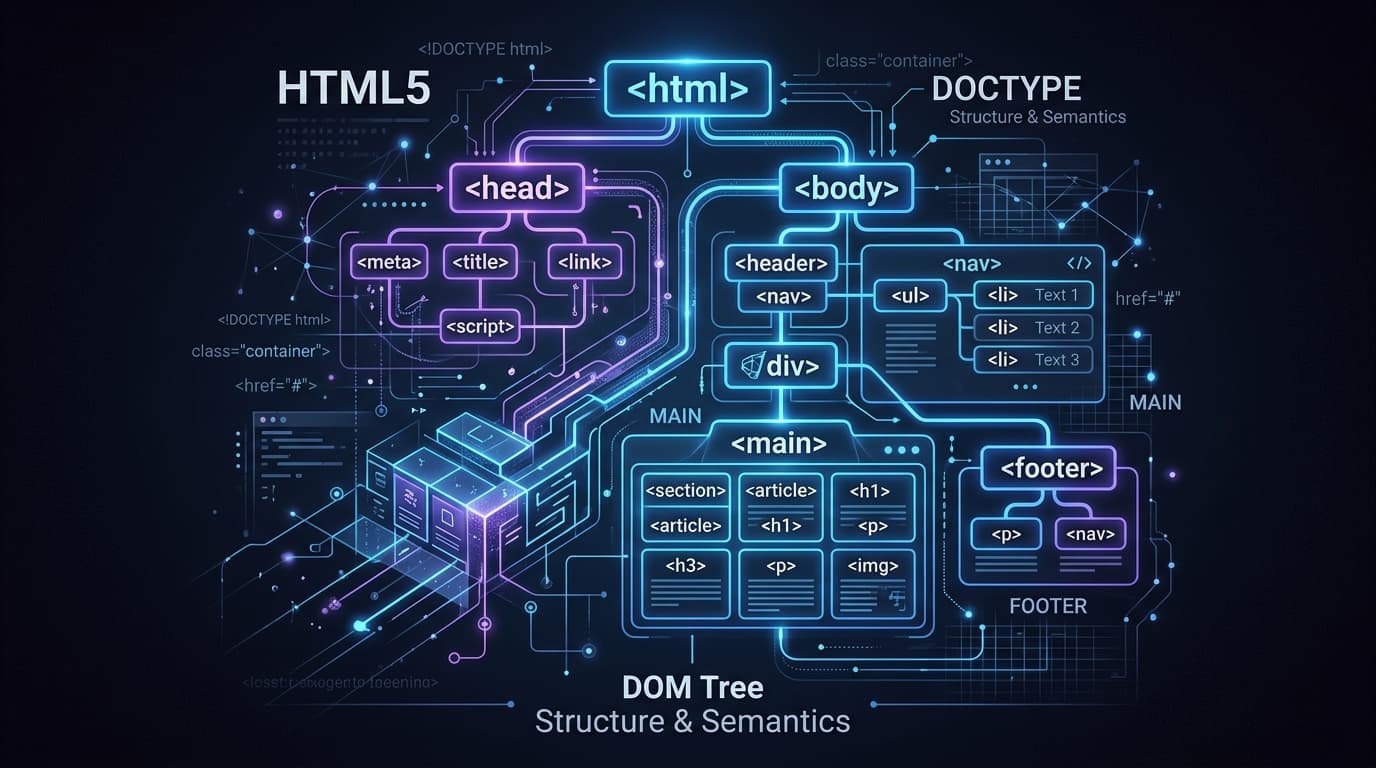 An abstract digital illustration representing HTML structure and semantics with glowing blue and purple accents